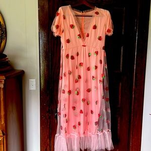 whimsical pink maxi dress embellished with sequin strawberries